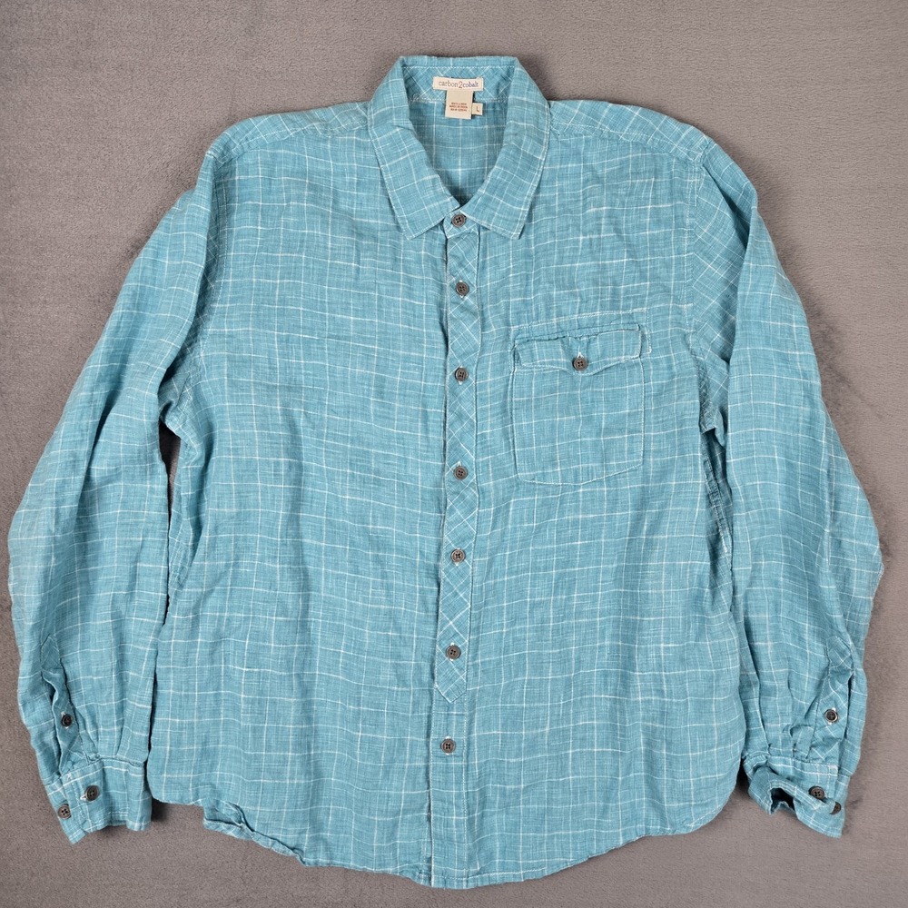 Carbon 2 Cobalt Shirt Mens Large Blue 100% Linen Long Sleeve Button Up‎ Casual